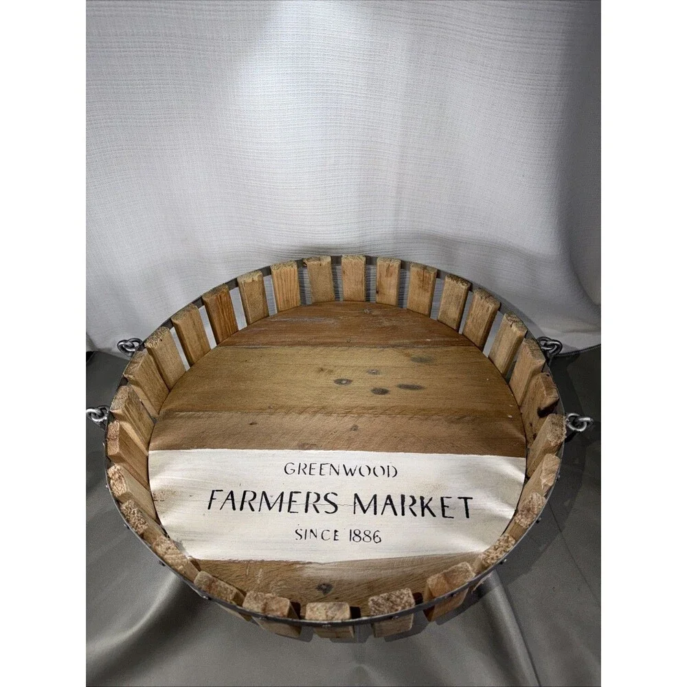 Farmhouse Greenwood Farmers Market Wood Slat Serving Tray Basket 13.5 Inch